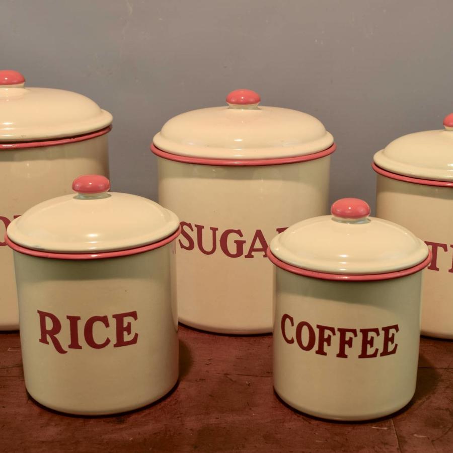 Five Vintage Enamel Kitchen Storage Canisters