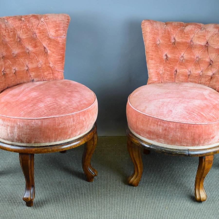 Pair of French Pink Velvet Button Back Cocktail Chairs