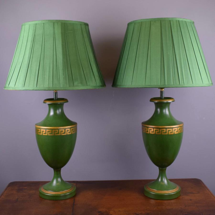 Pair of Green Toleware Table Lamps