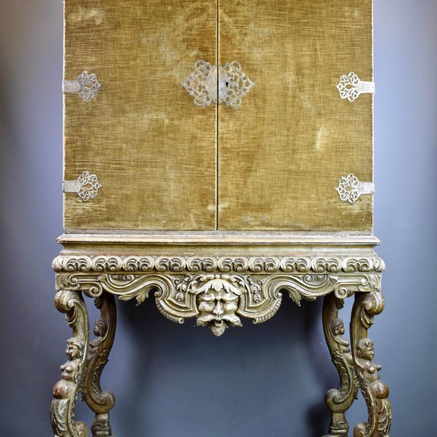 17th century Style Velvet Covered Cabinet on Carved Silver-wood Stand