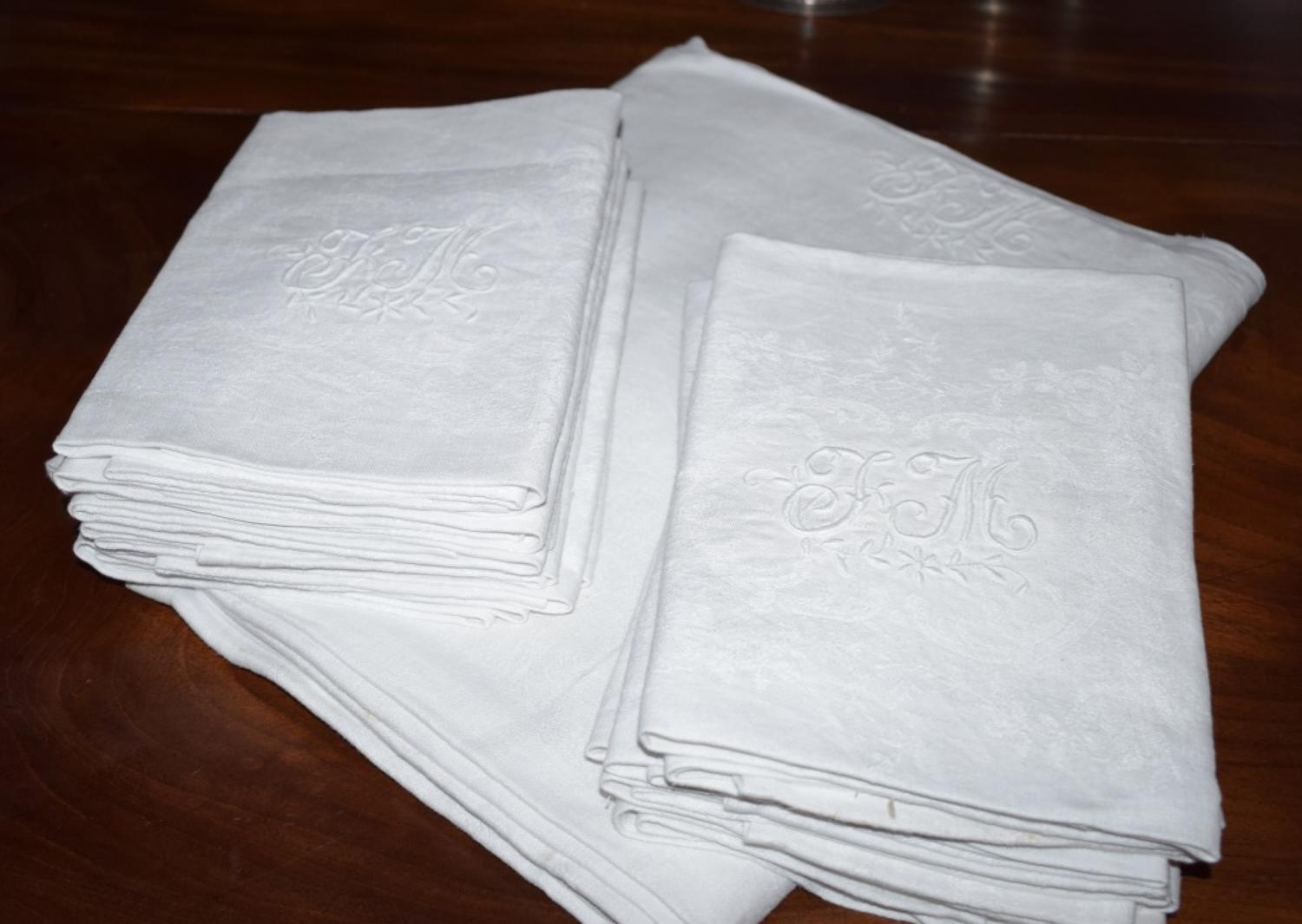 12 French Monogrammed Dinner Napkins & matching Tablecloth
