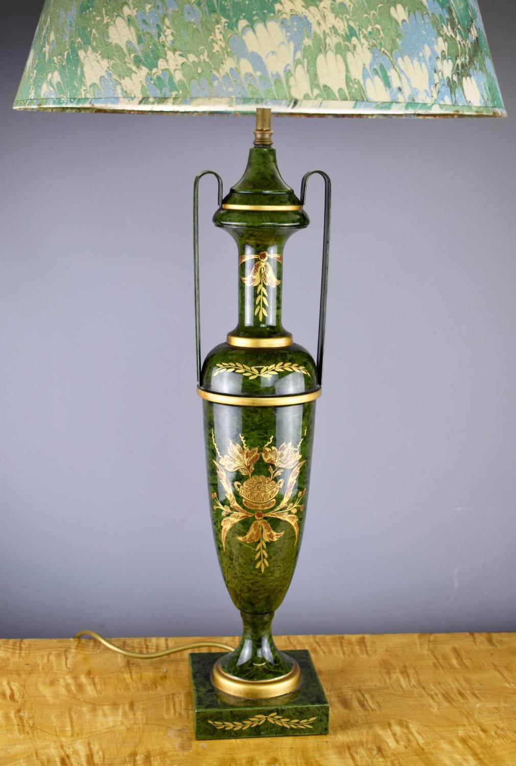 Green & Gilt Toleware Vase Shape Table Lamp