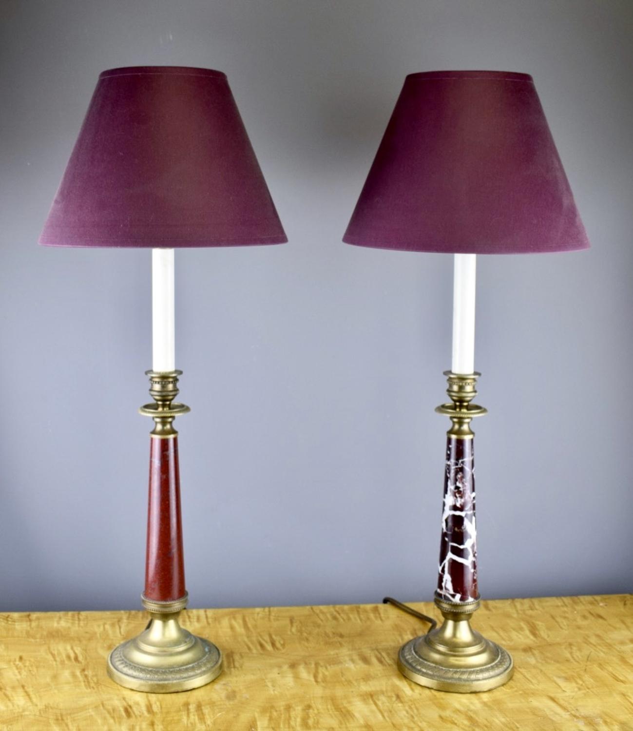 Pair of Gilt Brass & Marble Candlestick Lamps in Empire Style