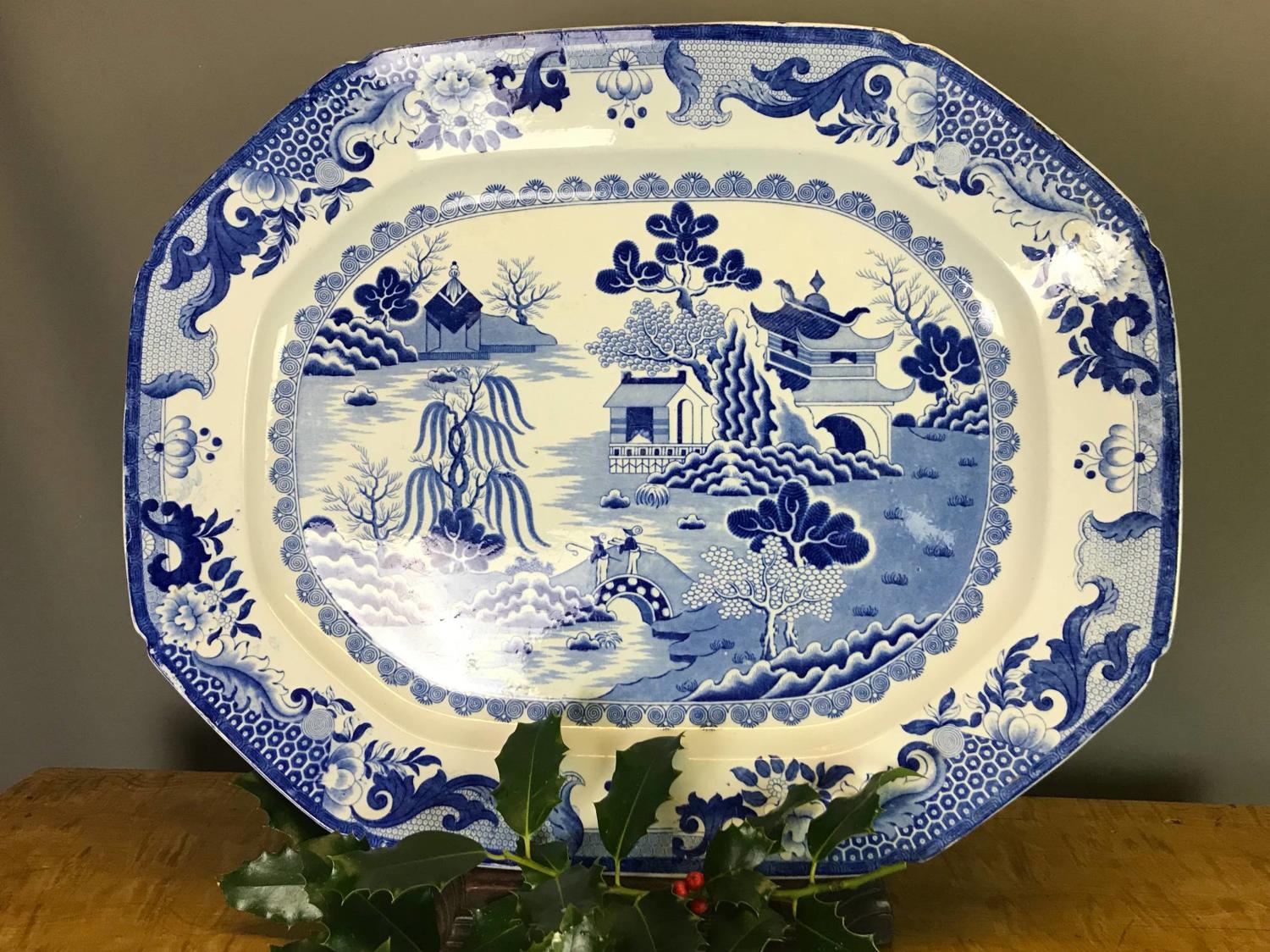 Victorian Blue & White Willow Pattern Meat Plate