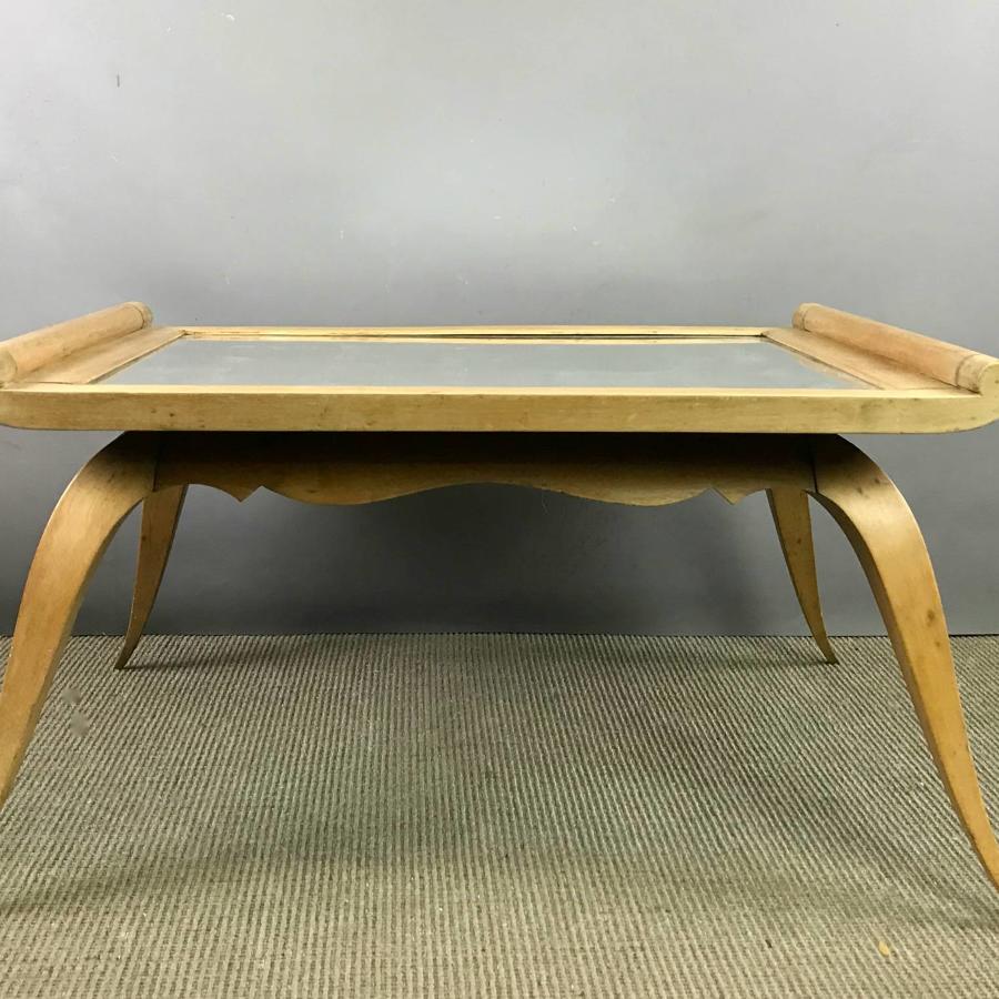 French 1940's Pale Walnut Table Low Table with Mirror Glass Top