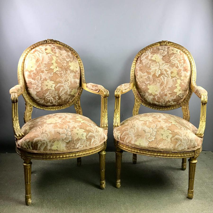 Pair of Giltwood Open Armchairs in Louis XVI Style