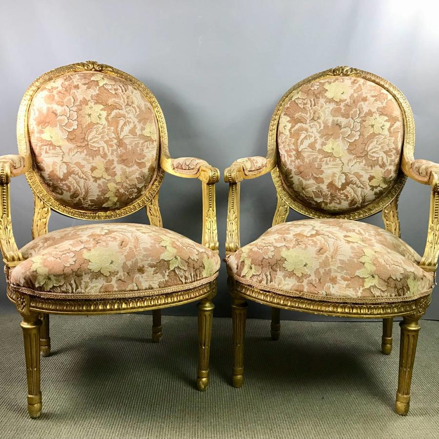 Pair of Giltwood Open Armchairs in Louis XVI Style