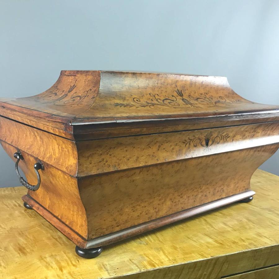 Huge Italian Inlaid Burr Maple Sarcophagus Shaped Box