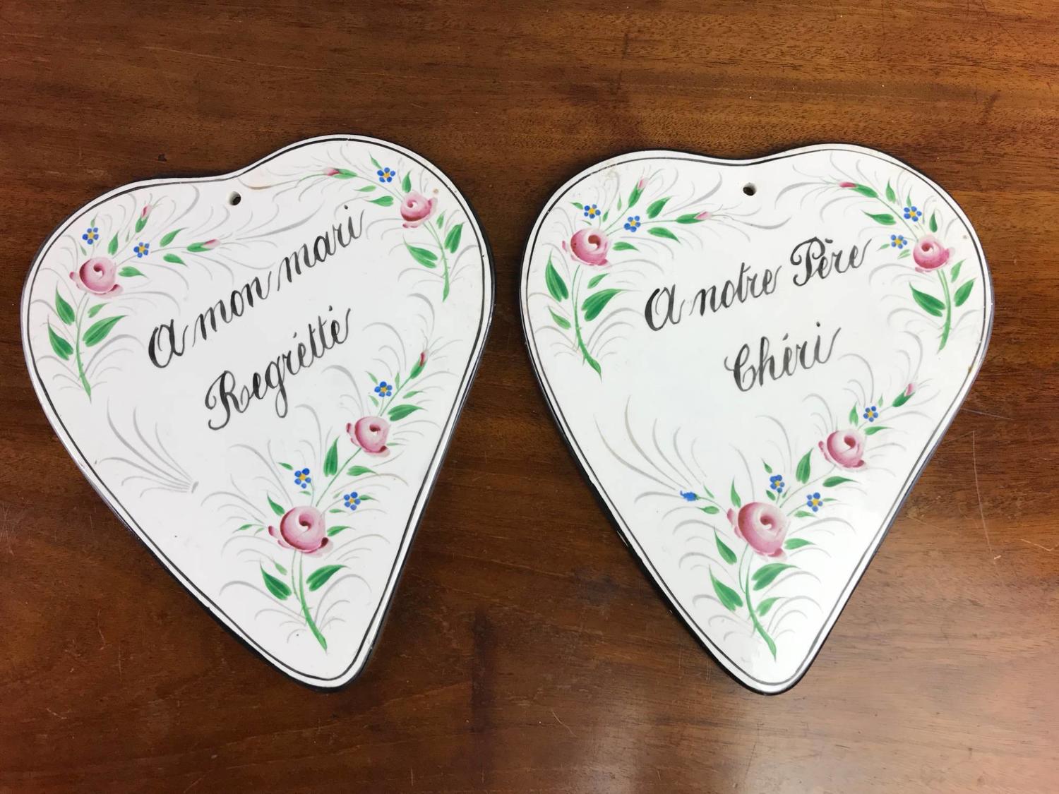 Pair of Vintage French Hand Painted 'In Memoriam' Pottery Plaques