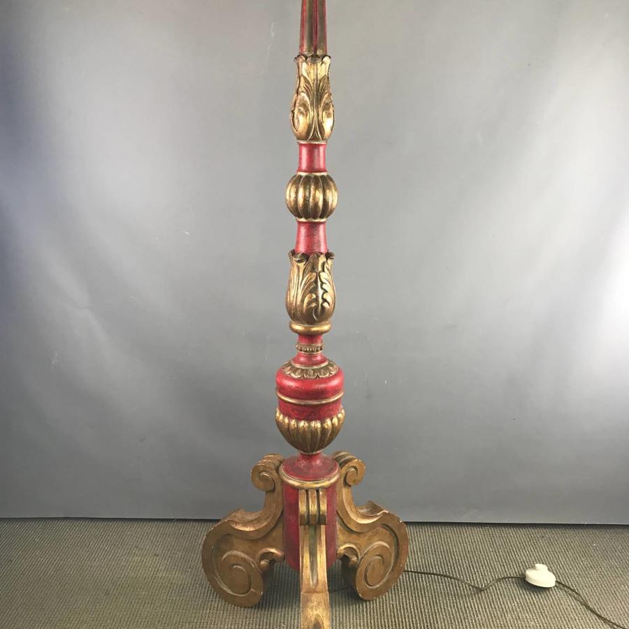 Carved Giltwood & Red Painted Standard Lamp in Florentine Style