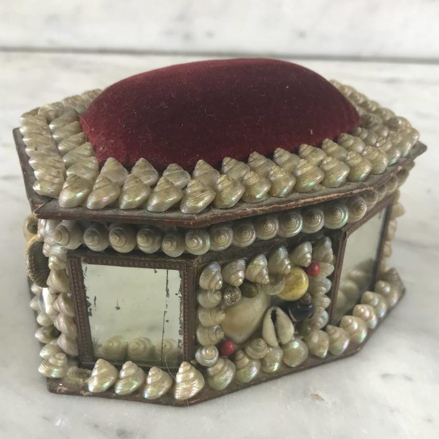 Antique Shellwork Pin Cushion Box