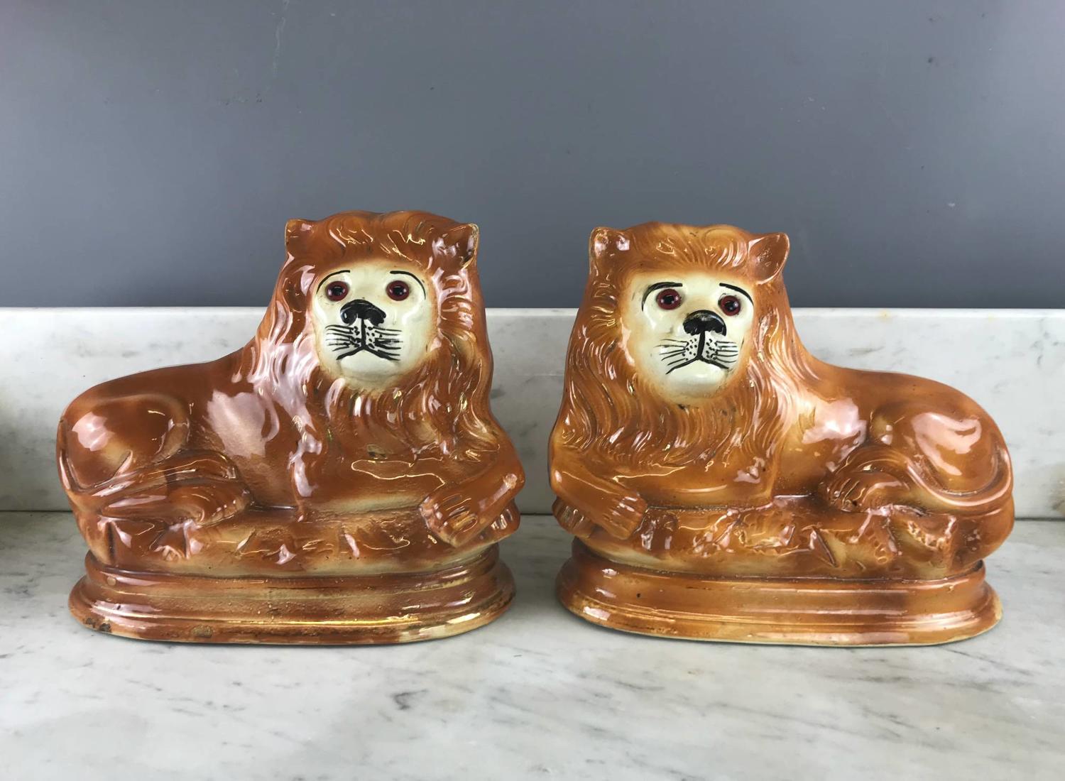 Pair of Scottish Bo'ness Pottery Recumbent Lions