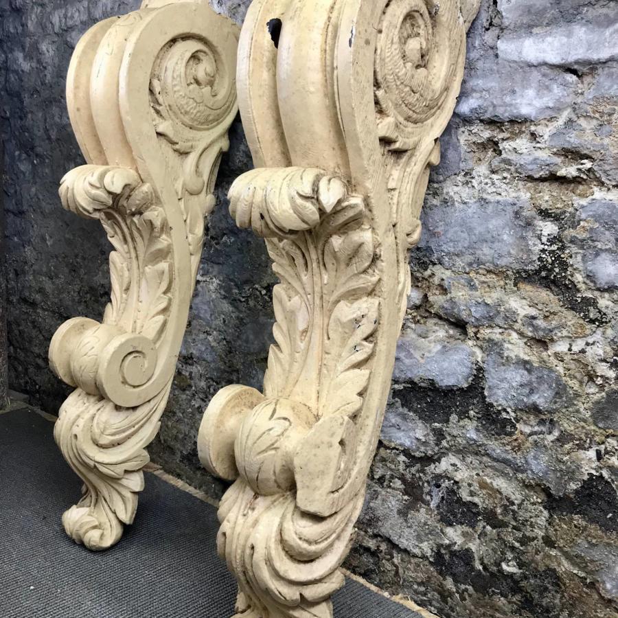Large Pair of Antique Carved Pine Corbels