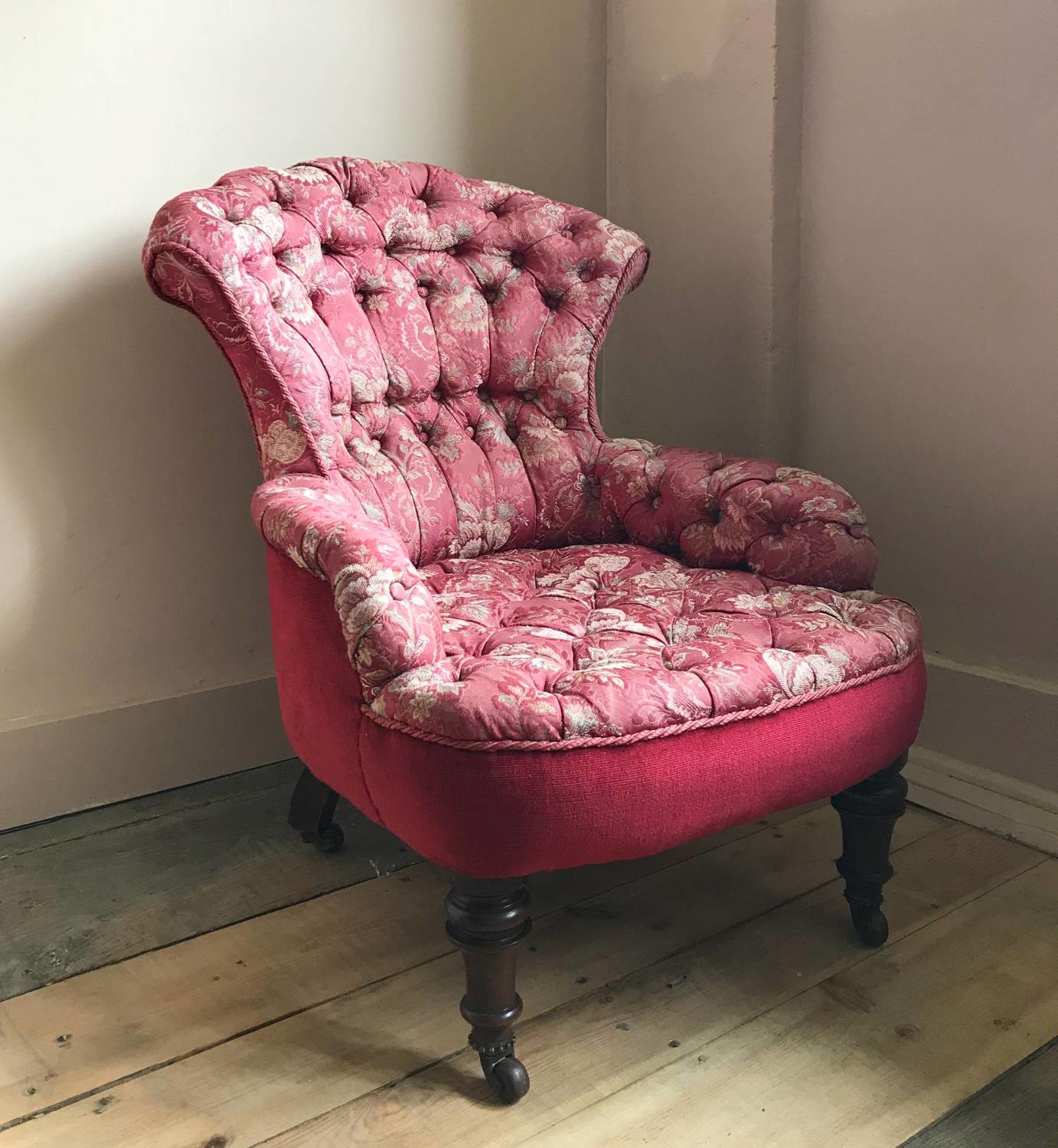 Antique Button Back Red Damask Armchair