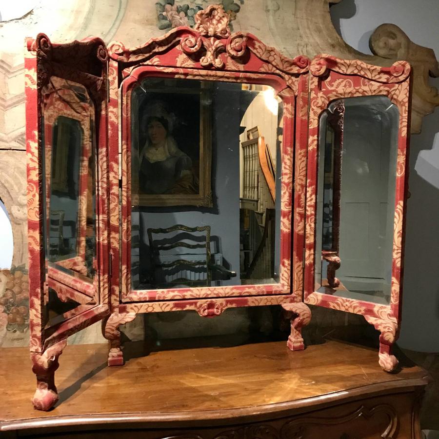 Antique Damask Covered Triptych Dressing Mirror in 17th Century Style
