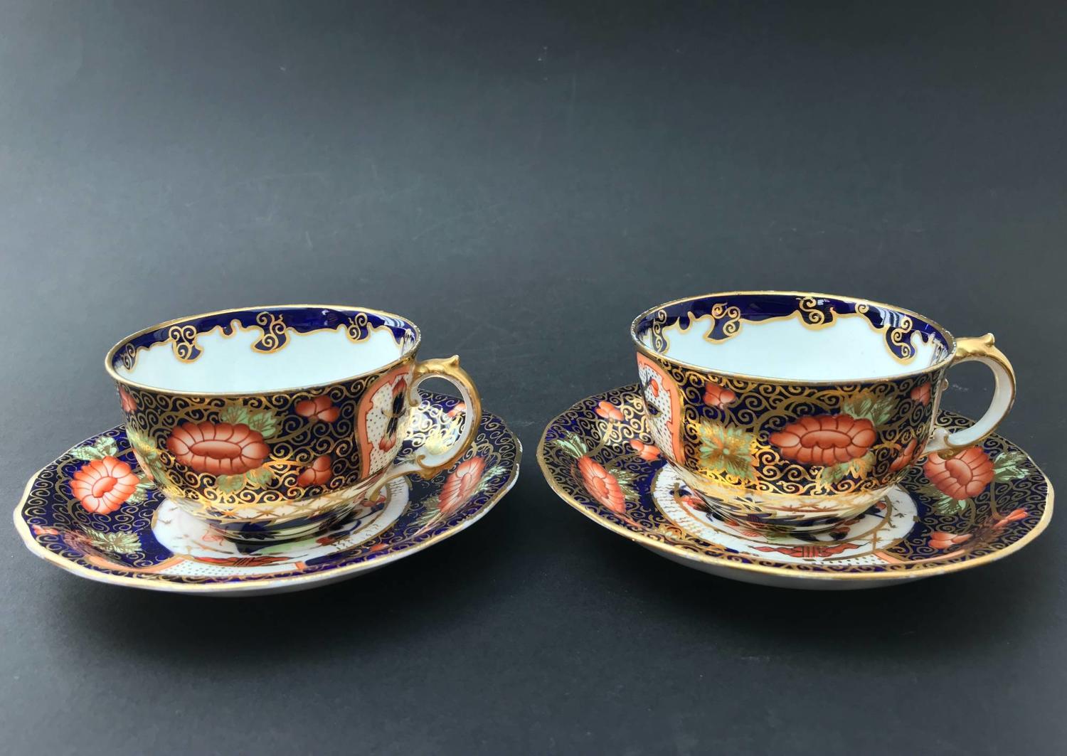 Pair of Royal Crown Derby Imari Pattern Porcelain Cups & Saucers