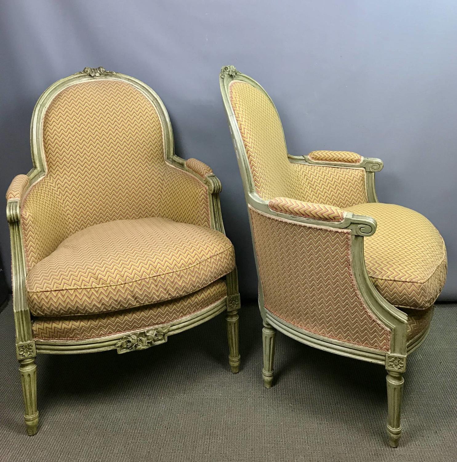 Pair of Louis XVI Style Painted Bergere Armchairs
