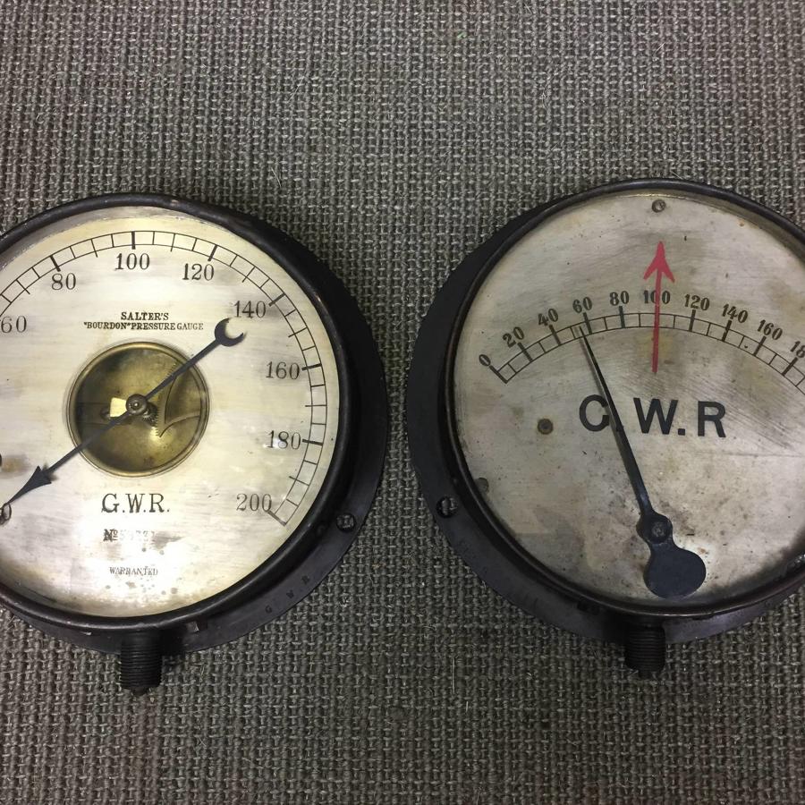 Two GWR Railway Locomotive Brass Pressure Gauges