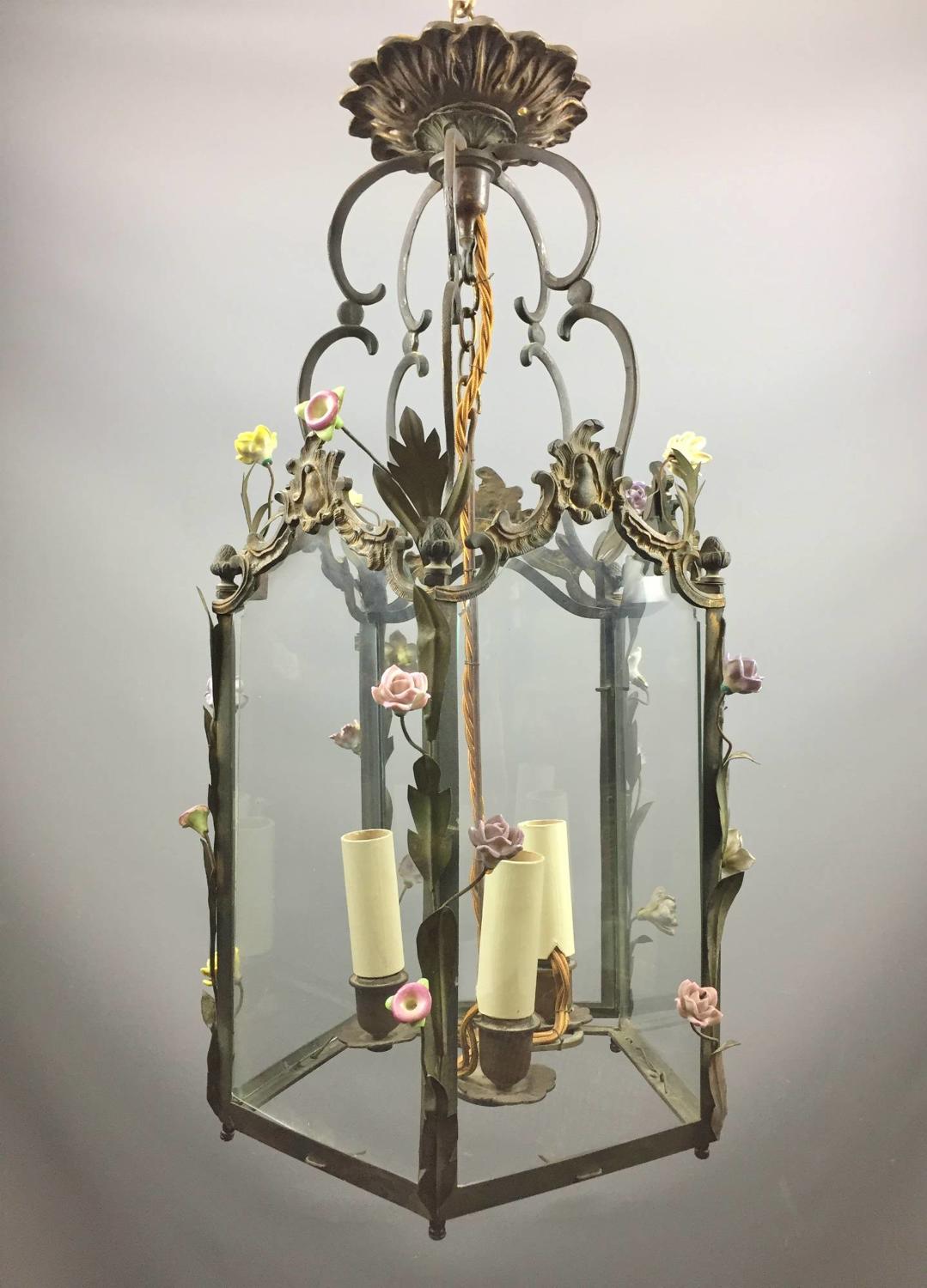 Flower Encrusted Gilt Brass Hall Lantern