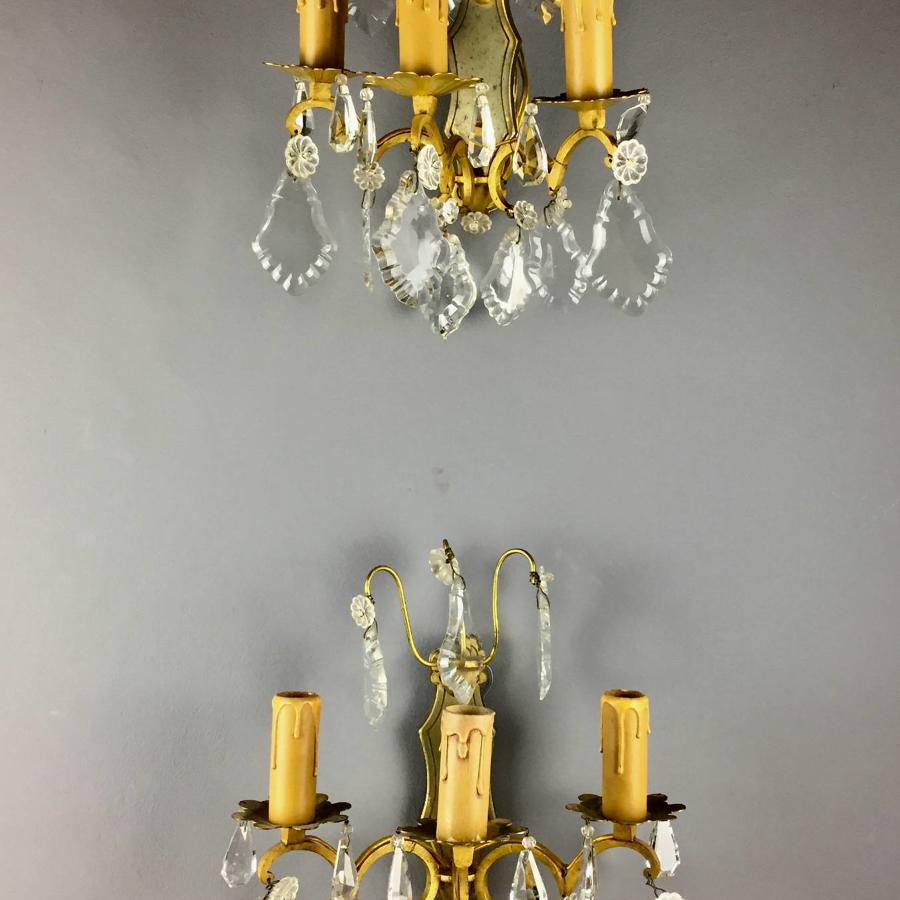 Pair of French Gilt Brass Wall Lights with Cut Glass Lustre Drops