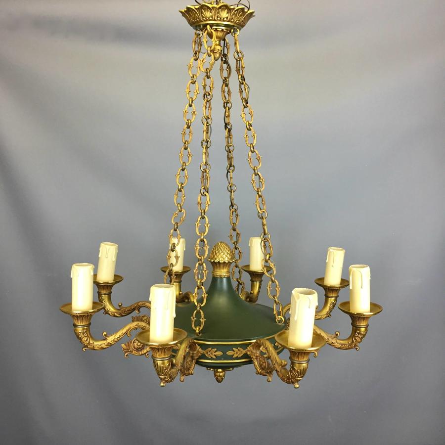 Empire Style Gilt Brass & Toleware Eight Branch Ceiling Light
