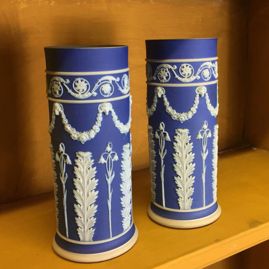 Pair of Wedgwood Blue Jasper Spill Vases c. 1905