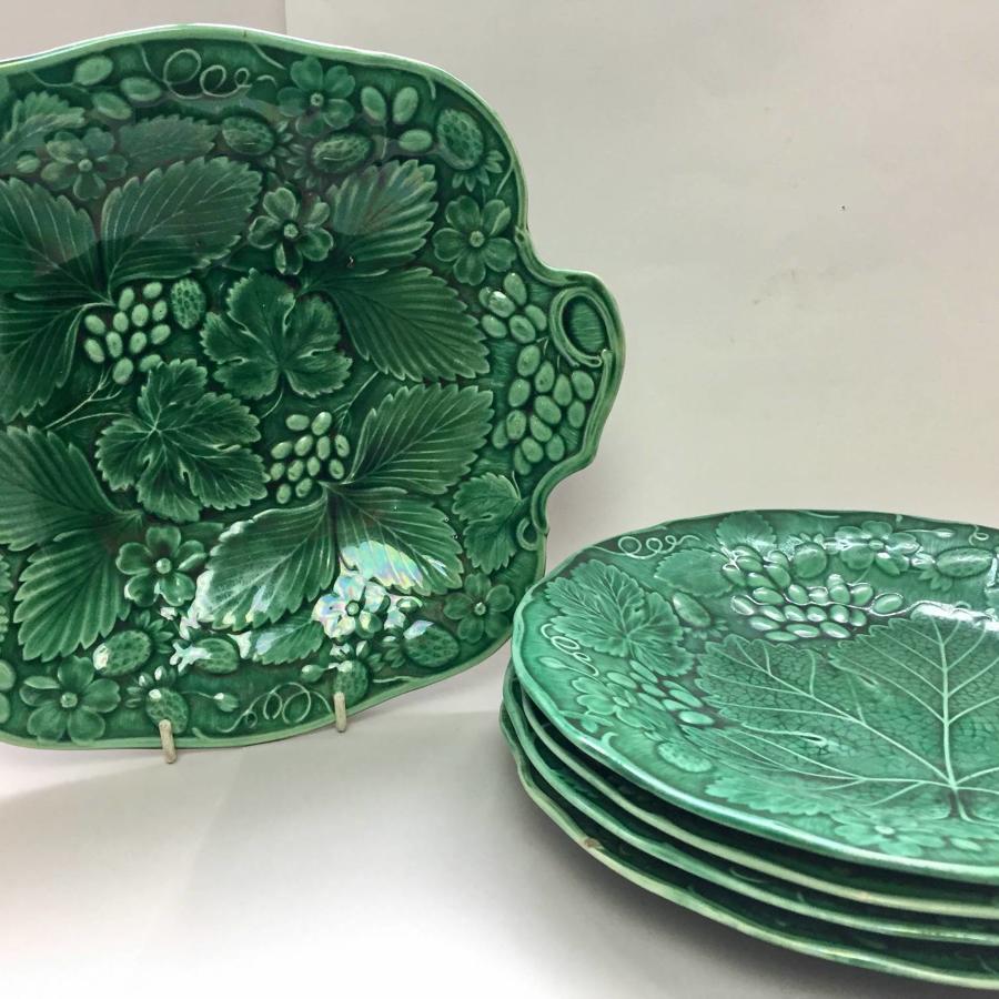 Victorian Green Majolica Plates & Comport in Strawberry Pattern