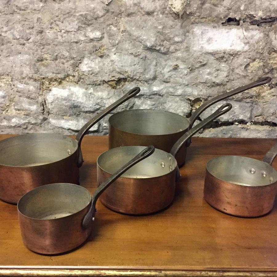 Set of Five Vintage French Copper Saucepans