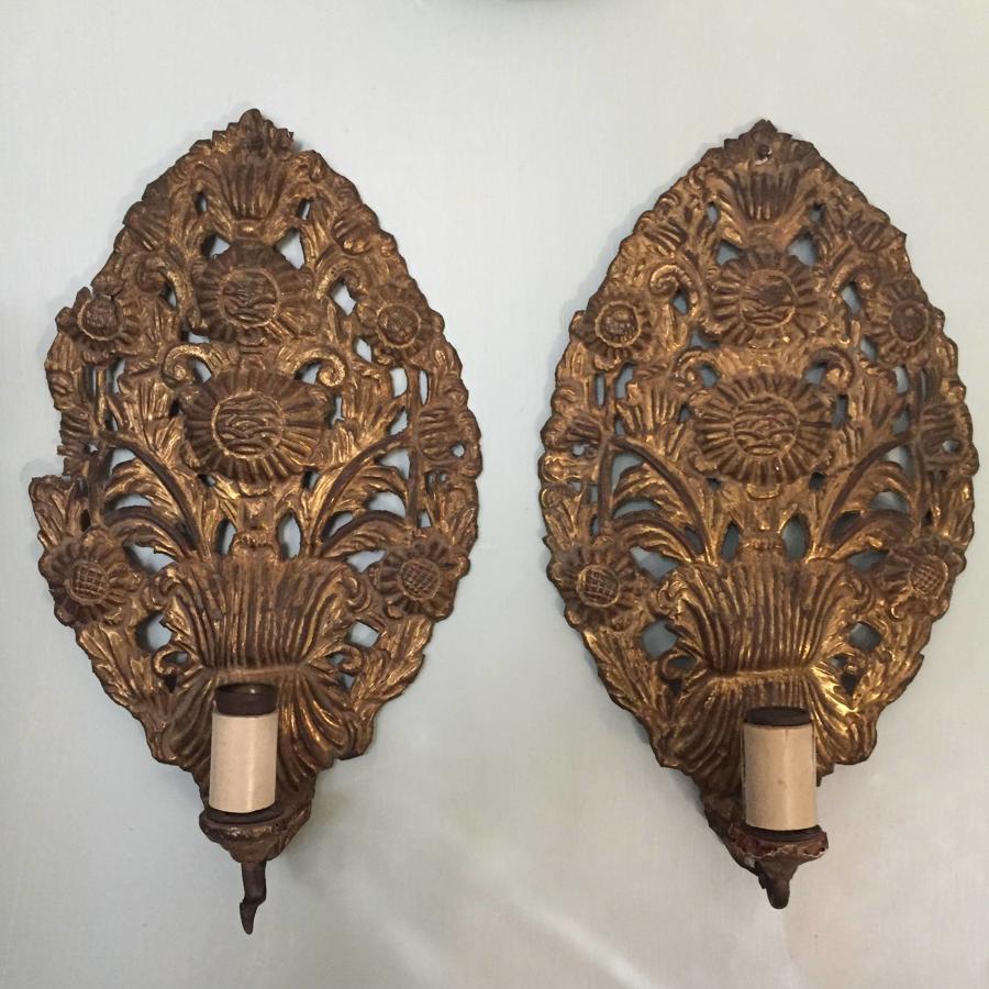 Pair of Spanish Gilt Brass Wall Sconces