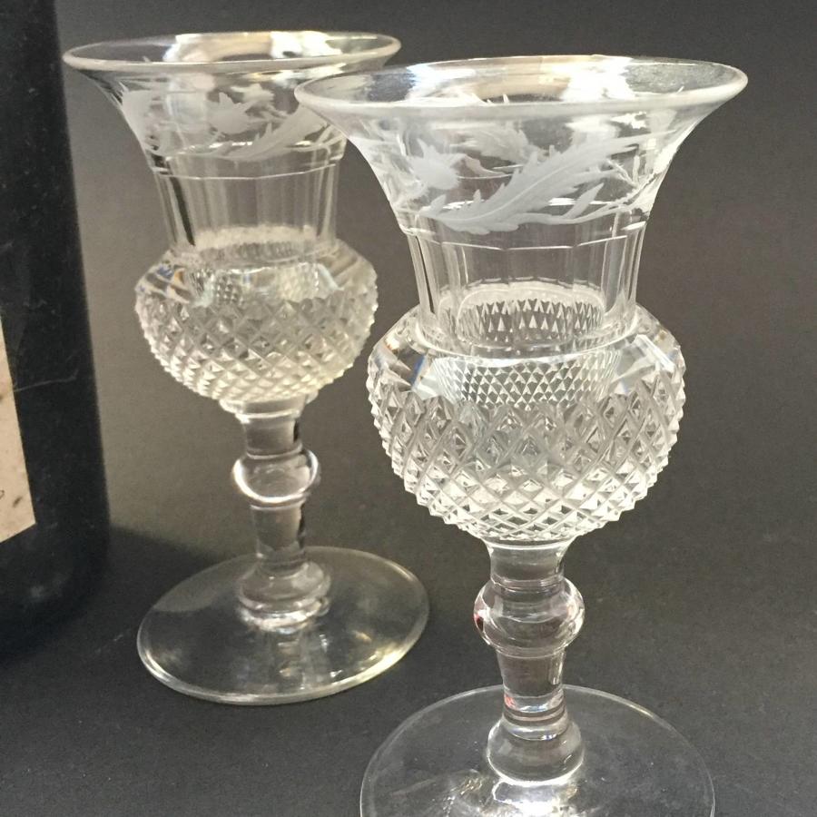 Pair of Thistle Shaped Cut & Engraved Port Glasses