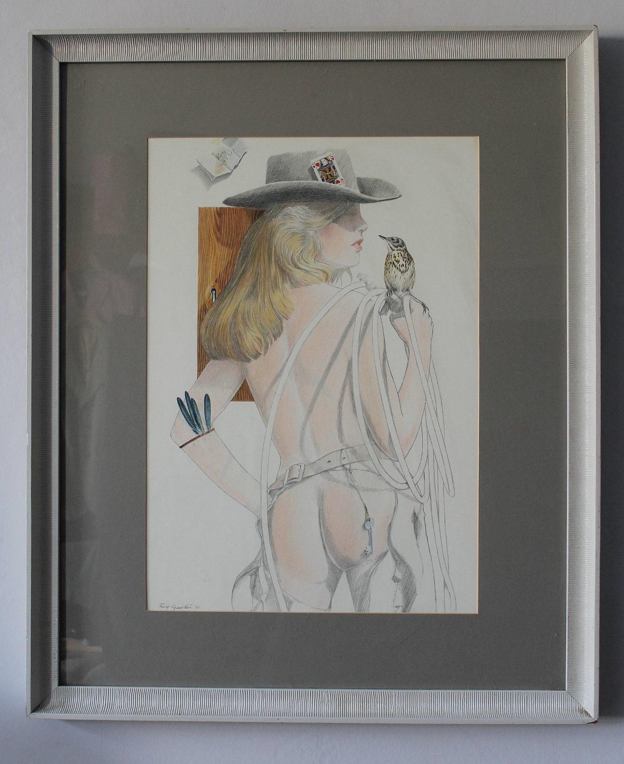 Roy Gamlin Pencil & Watercolour Drawing of a 'Cowgirl'