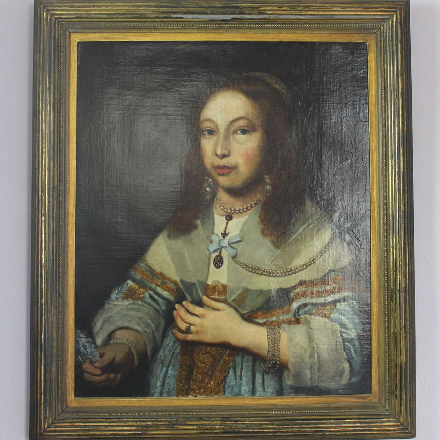 17th Century Spanish Oil Portrait of a Lady Wearing Pearls