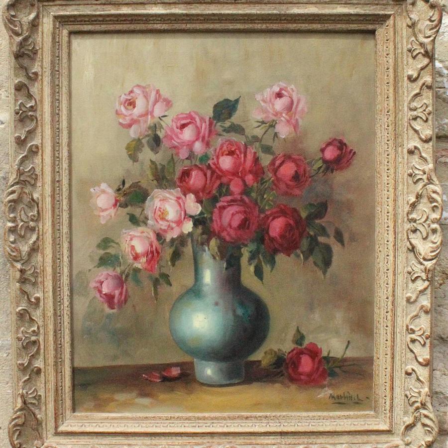 Still Life of Roses in a Vase, Oil on Canvas