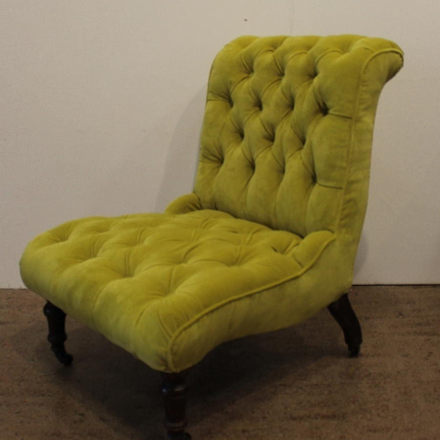 Antique Button Upholstered Chartreuse Velvet Slipper Chair