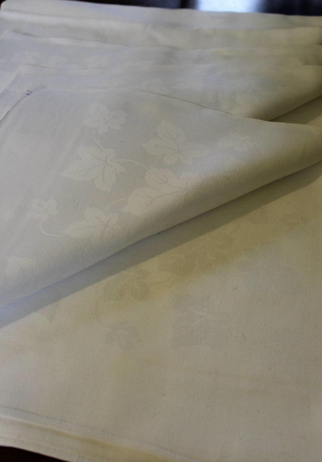 Vintage French White Damask Linen Tablecloth