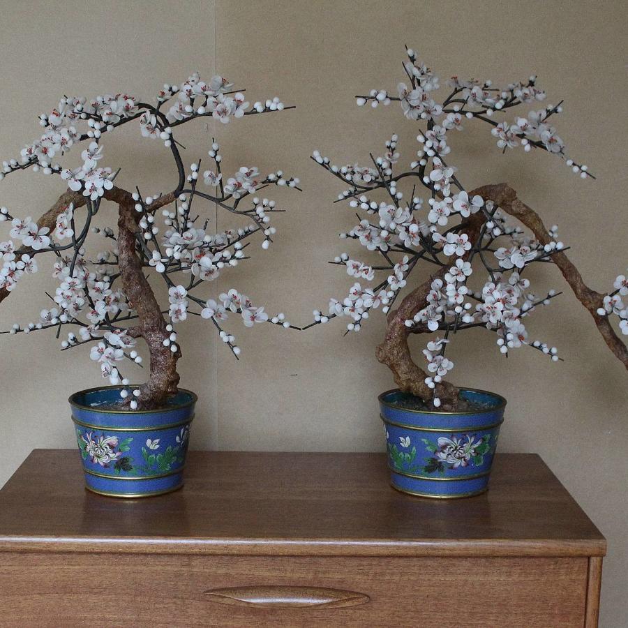 Large Pair of Chinese Cloisonne & Hardstone Trees