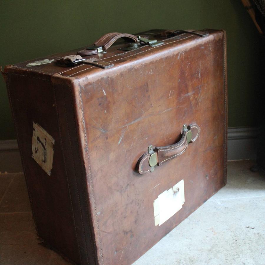 Antique Brass Mounted Brown Leather Suitcase
