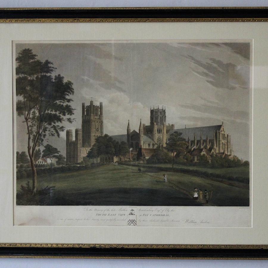 After William Anslow Hand Coloured Aquatint of Ely Cathedral, 1813