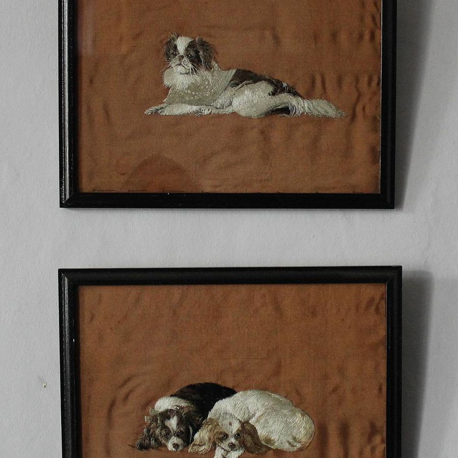 Pair of Japanese Meiji Silkwork Pictures of Dogs
