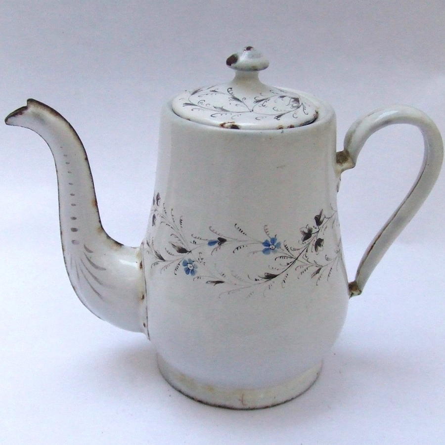 Antique Hand Painted French Enamel Coffee Pot