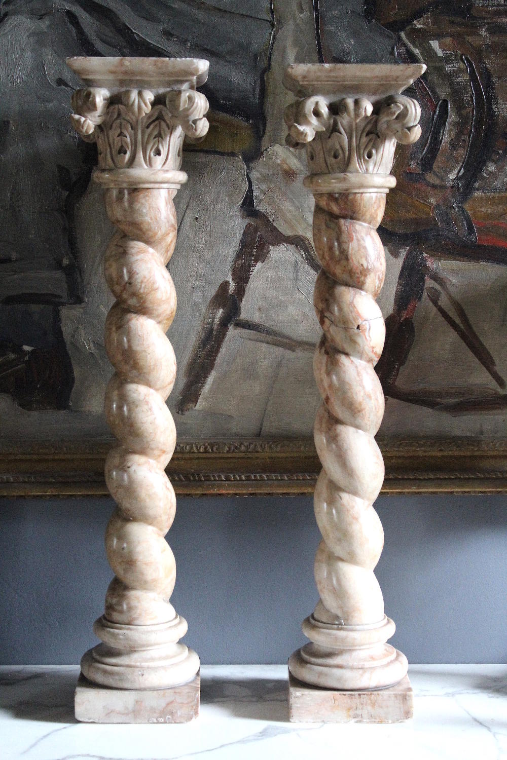 Pair of Marble Corinthian Topped Solomonic Columns