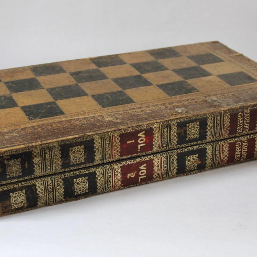 Antique Gilt-Tooled Leather-Bound Games Box of Book form