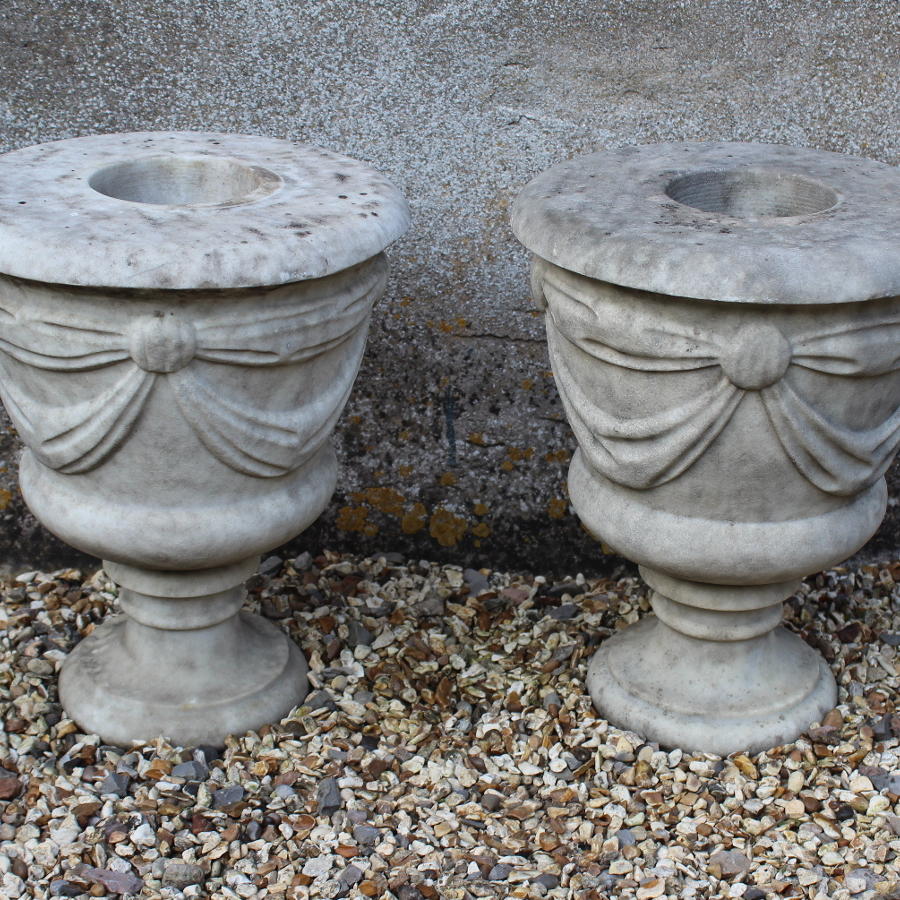 Pair of Swag Carved Marble Garden  Urns