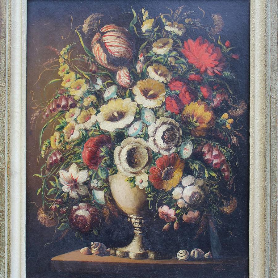 Still Life of a Vase of Flowers in 17th C Style, Oil on Board