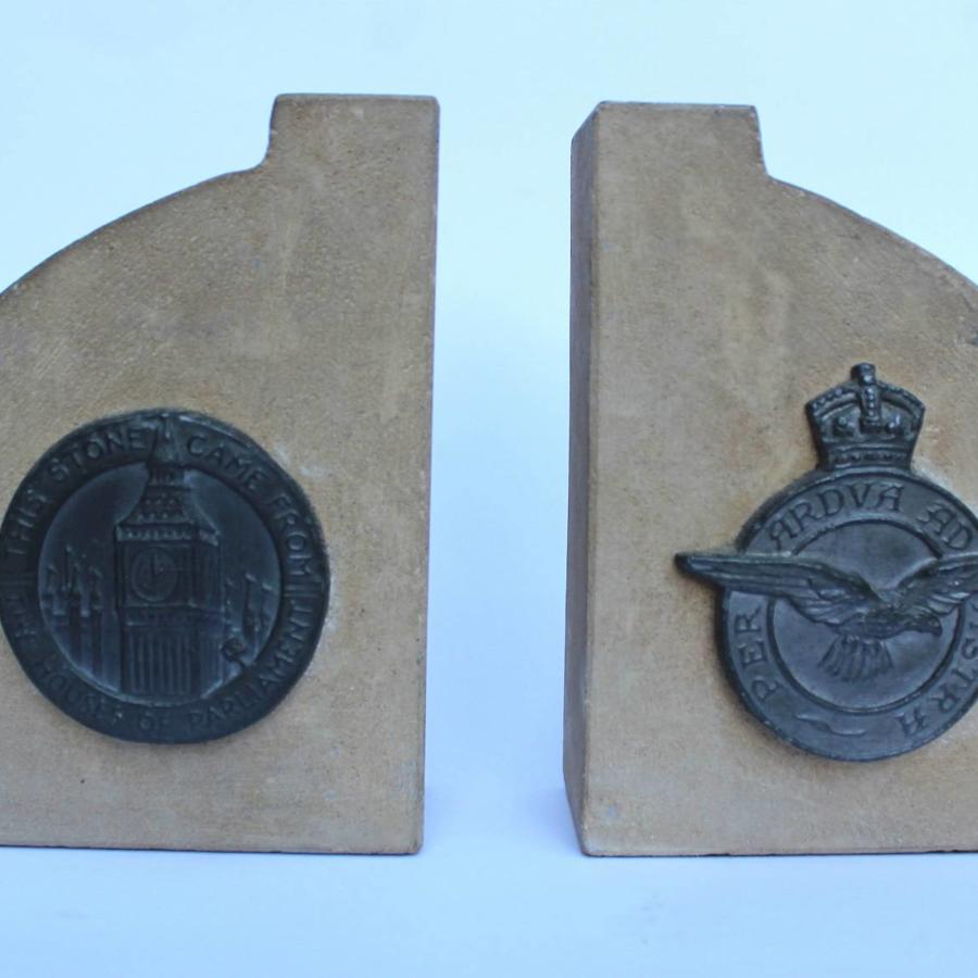 A Pair of WWII Bookends made from the Stone of The Houses of Parliament