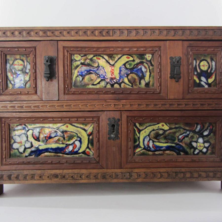 A Scandinavian Miniature Chest of Drawers with Enamel Plaques