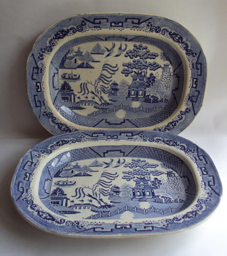 A Pair of Swansea Dillwyn & Co Blue & White Willow Pattern Meat Plates