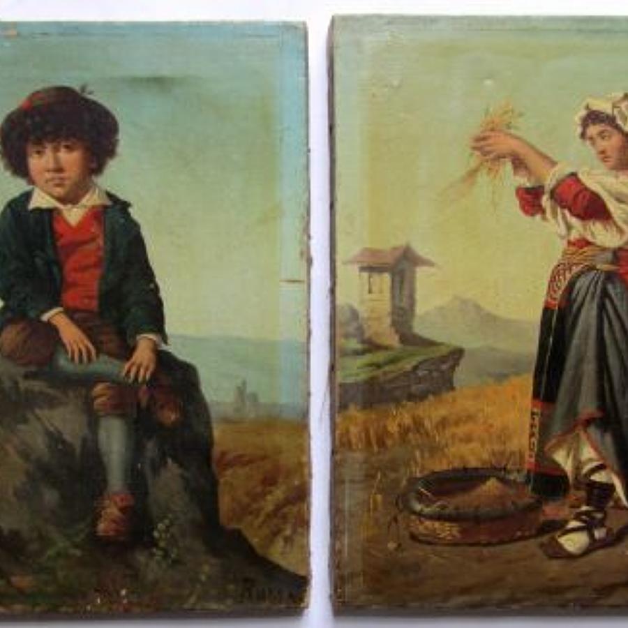A Pair of Italian Grand Tour Oil Paintings of a Girl & Boy