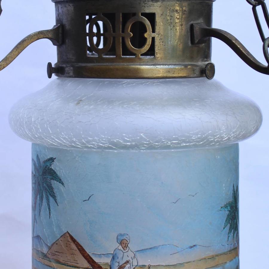 A Crackle Glass Hall Lantern with Hand Painted Egyptian Scene