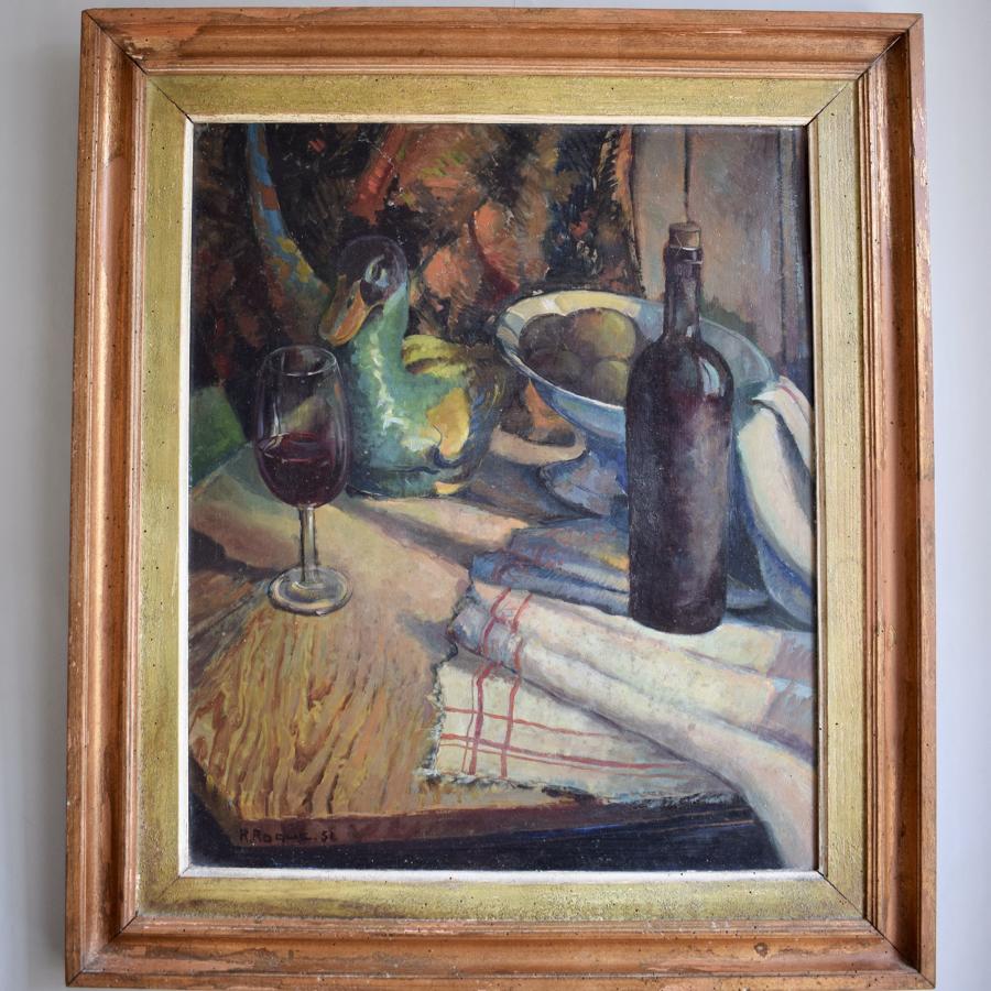 French Oil Still Life signed R. Roque '51